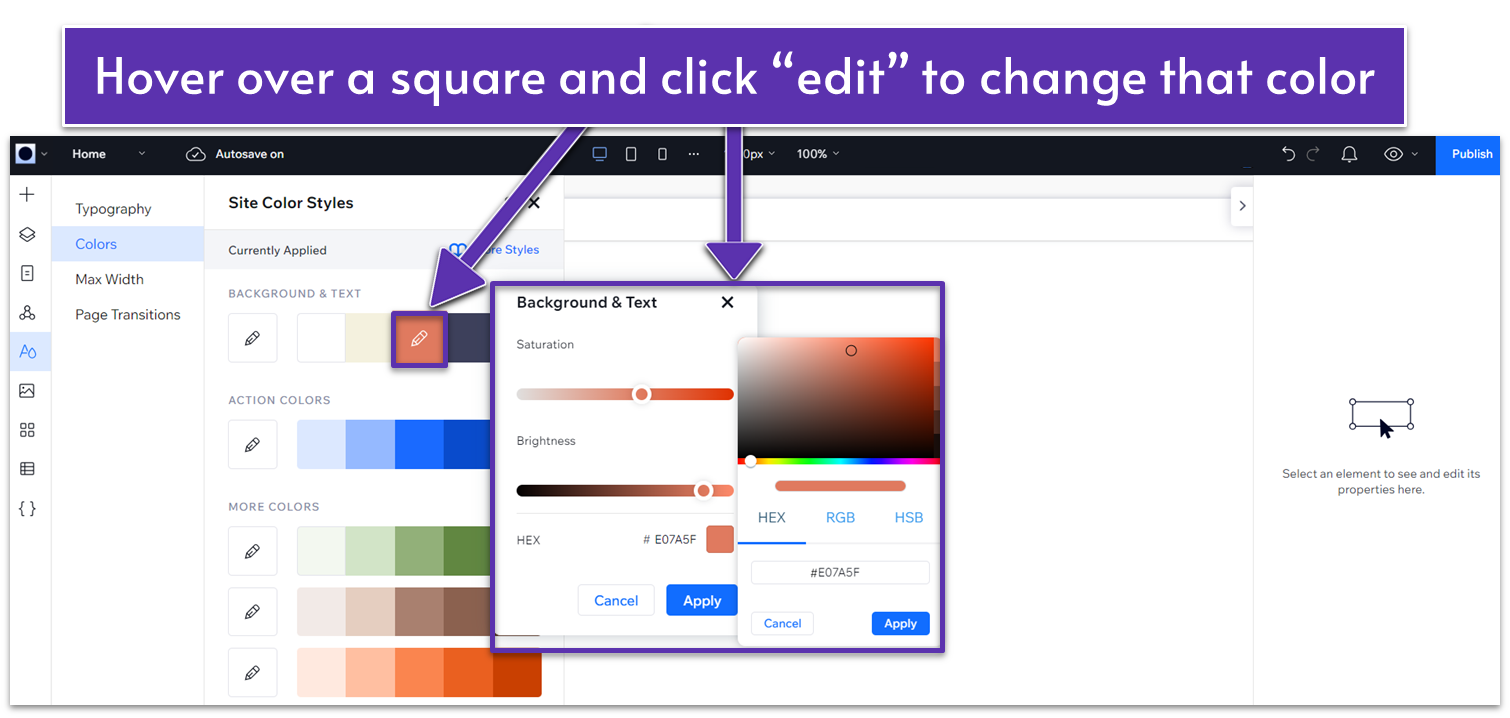 Wix Guide Quick Prep, modifying an individual color in a palette