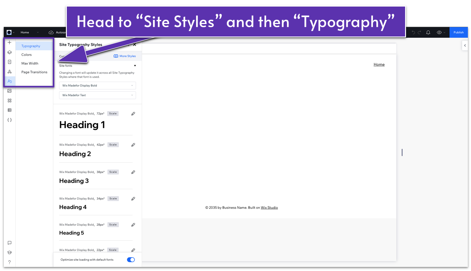 Wix Guide Quick Prep, typography settings in Site Styles menu