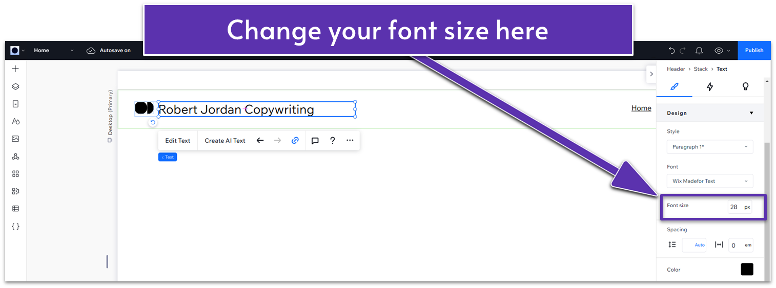 Wix Guide Quick Prep, changing font size in Wix