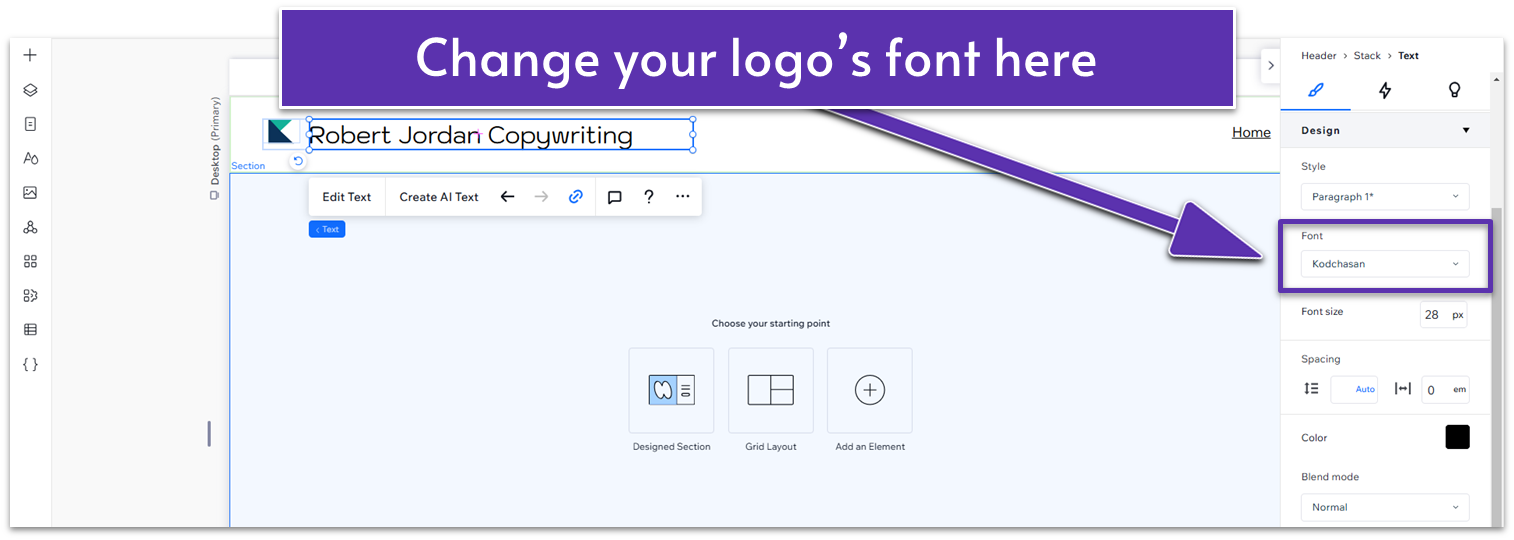 Wix Guide Quick Prep, changing the logo's text font