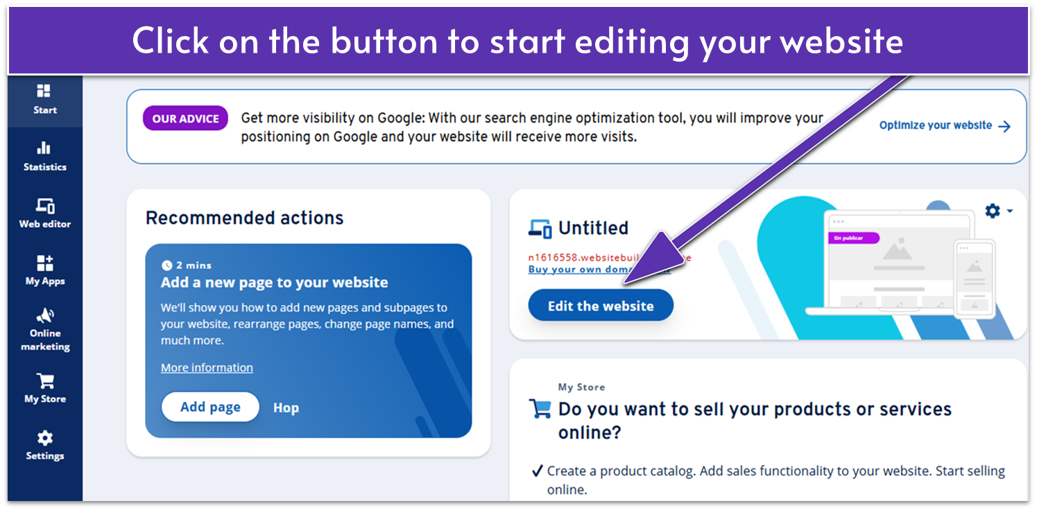 IONOS website builder dashboard