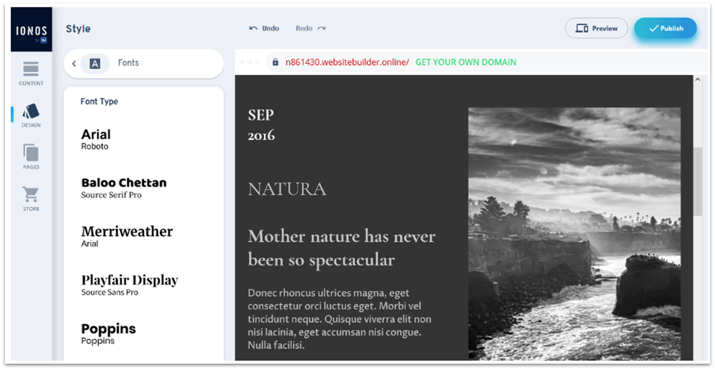 IONOS Website Builder Font Type panel