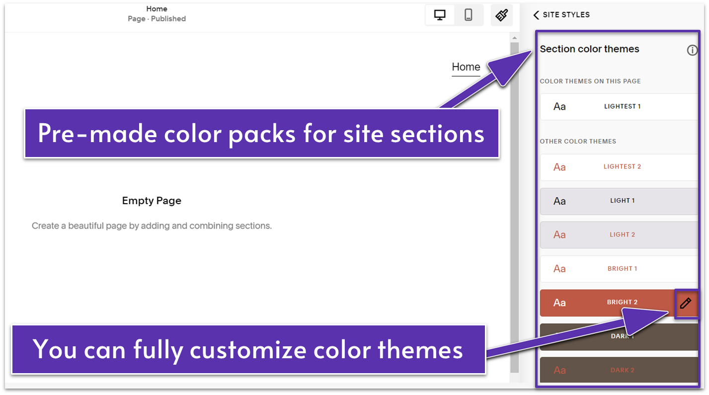 A screenshot from the Squarespace editor showing generated color themes