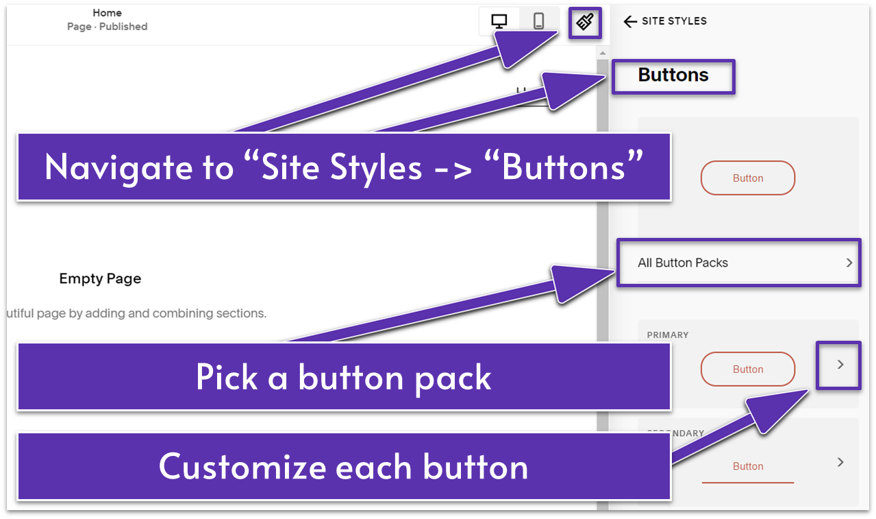 A screenshot from the Squarespace editor showing how to customize button styles