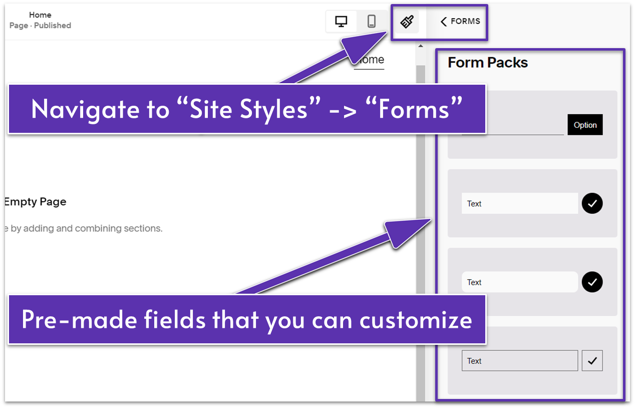 A screenshot from the Squarespace interface showing where to customize form fields