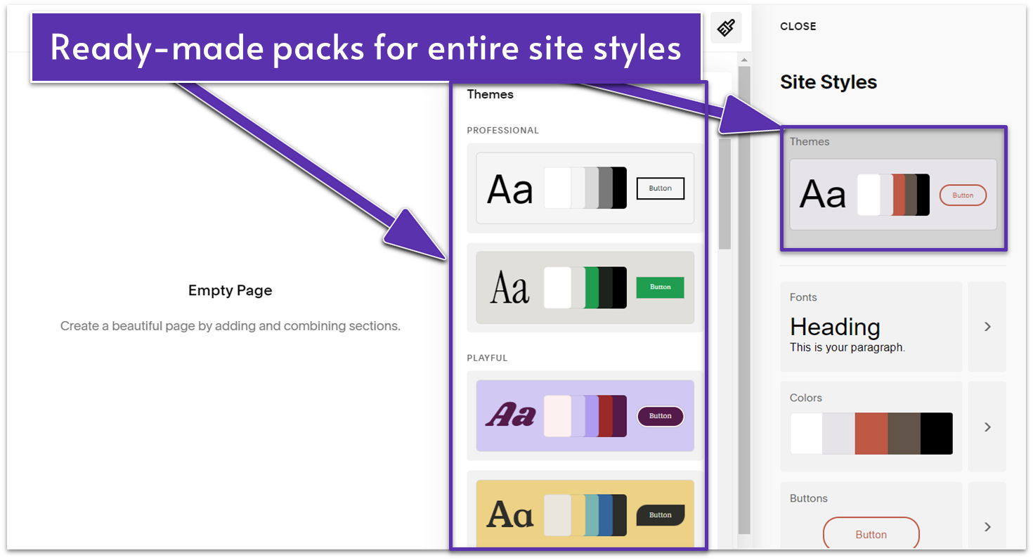A screenshot from the Squarespace interface showing ready-made site style packs