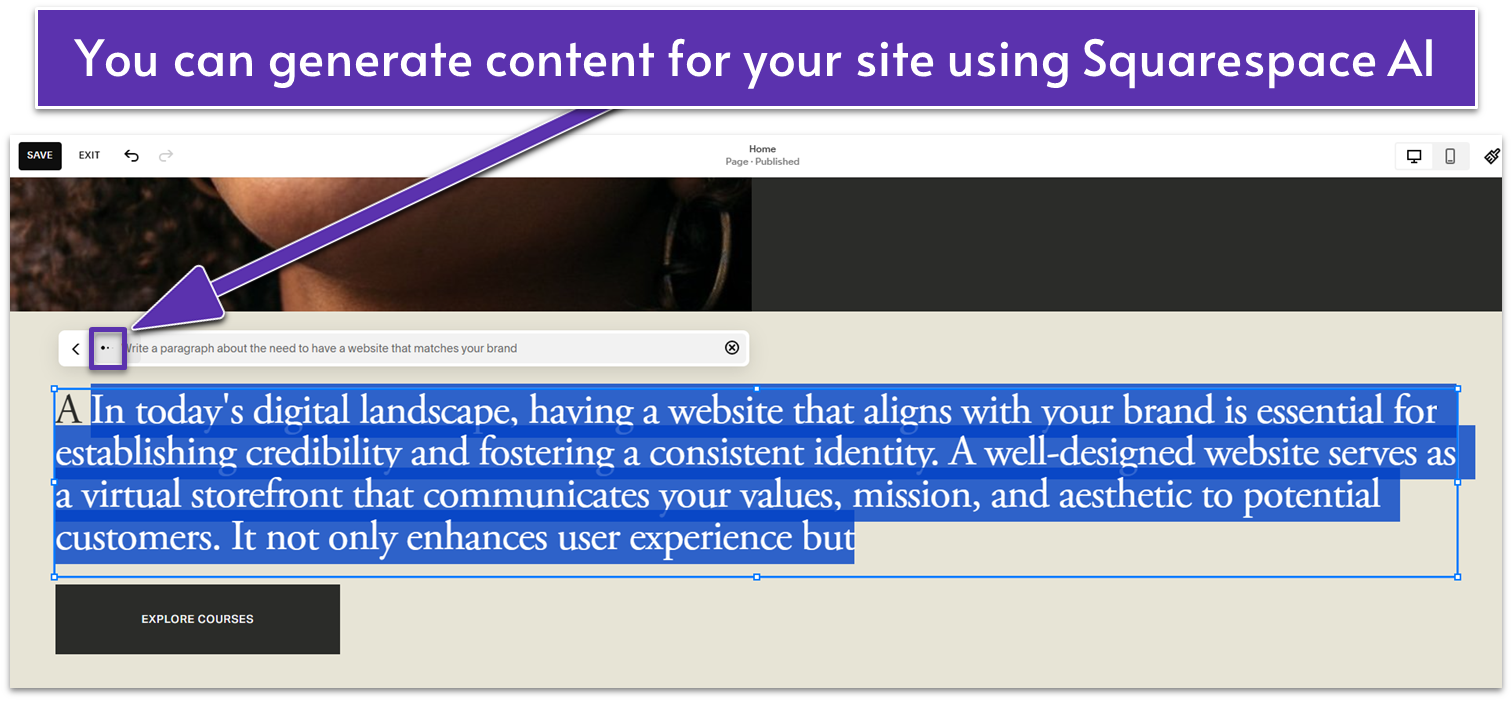 A screenshot showing Squarespace's AI conent generator at work