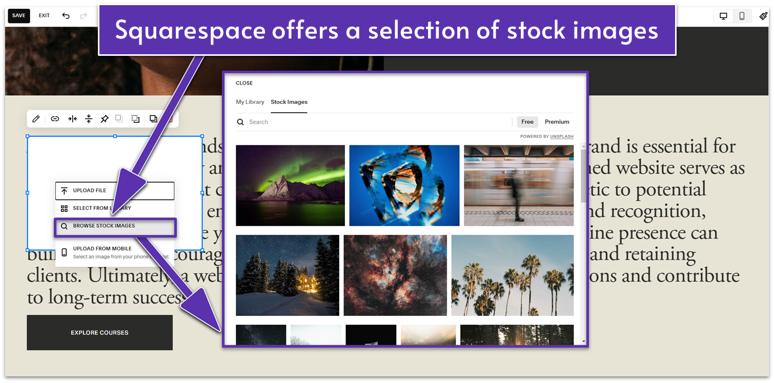 A screenshot showing how to access Squarespace's stock images