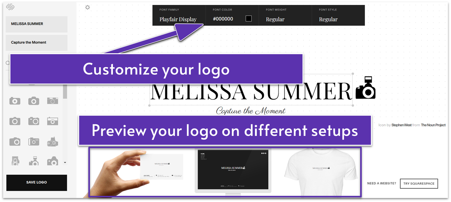 A screenshot from the Squarespace editor showing how users can customize their logos
