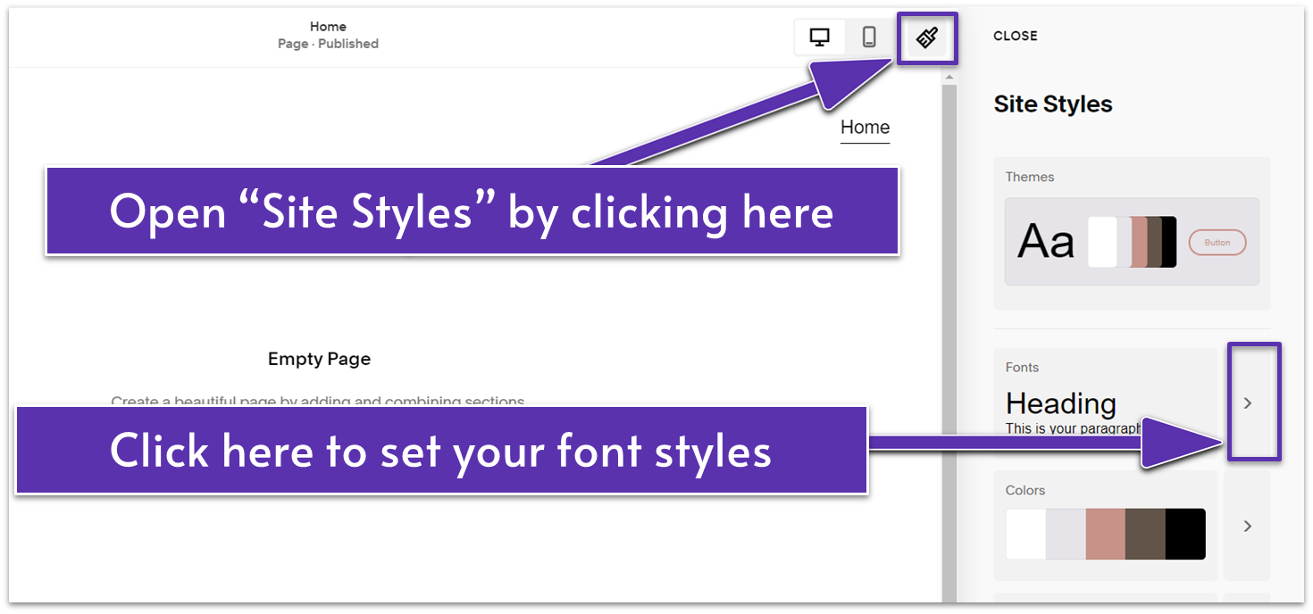 A screenshot from the Squarespace editor showing how to access font settings